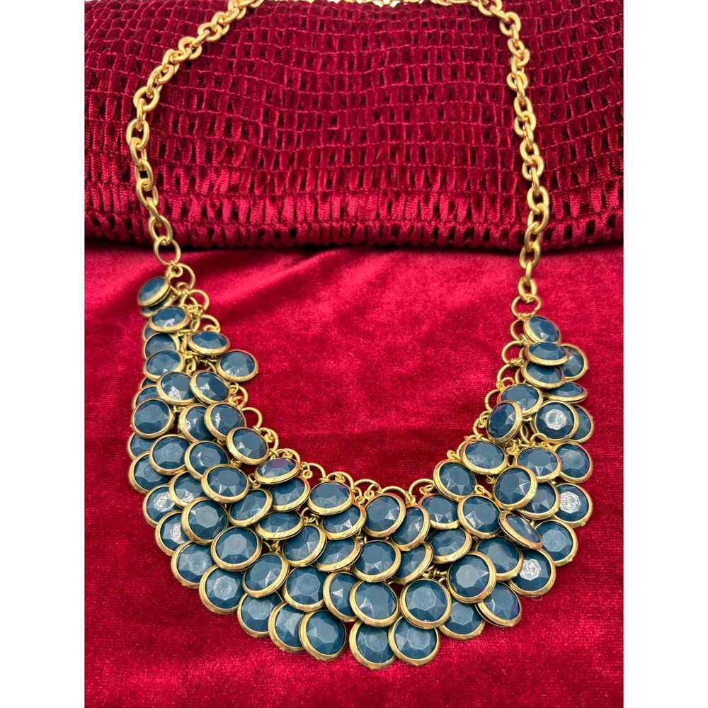 Vintage Navy Blue Gold Tone Bib Statement Necklace Tiered Cabochon Draped Collar